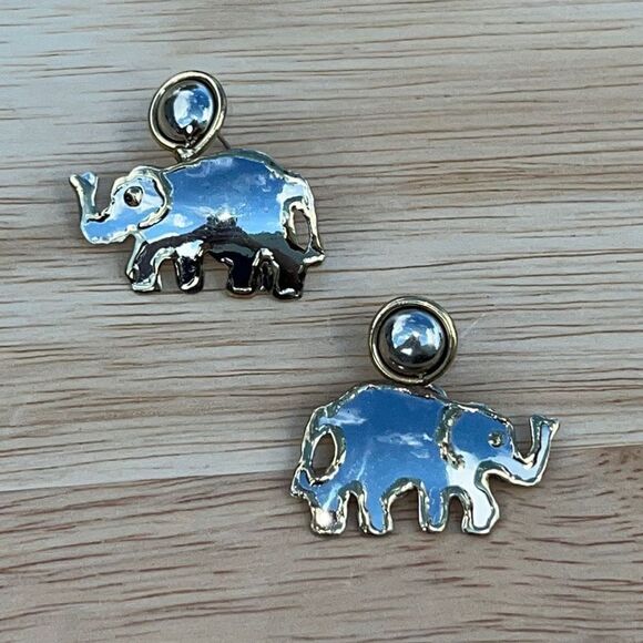 Vintage Animal Kingdom Fine Two-Tone Closed Design Elephant Drop Dangle Earrings - Picture 1 of 8